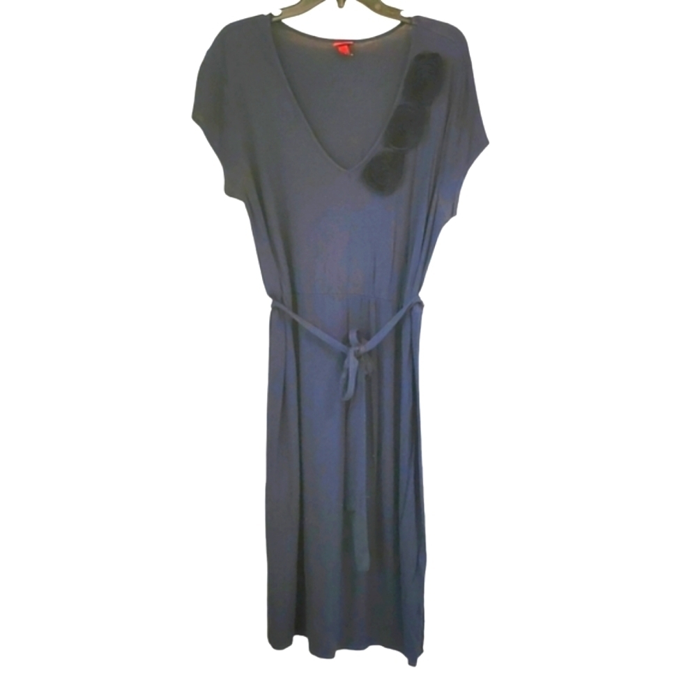 Merona Navy Blue Midi Belted Dress with Floral Appliques, Size Large